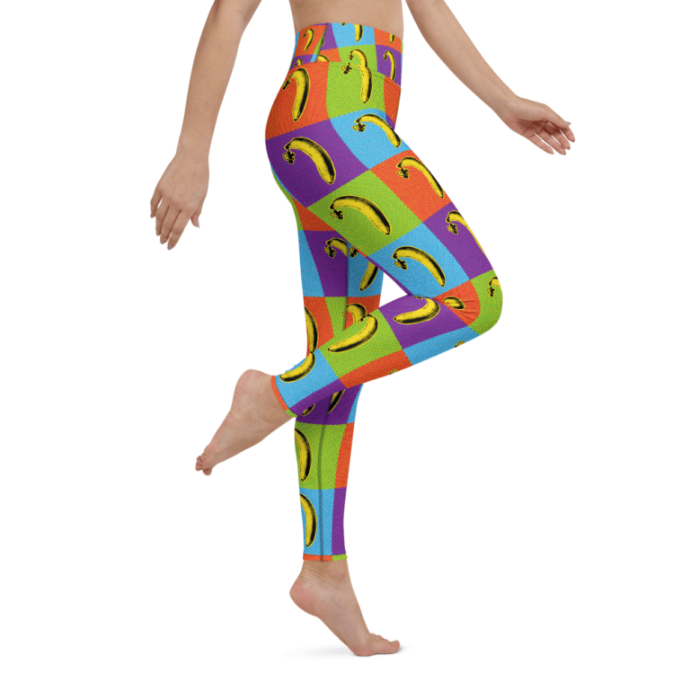 Colorful leggings featuring a playful banana pattern against a vibrant patchwork background.