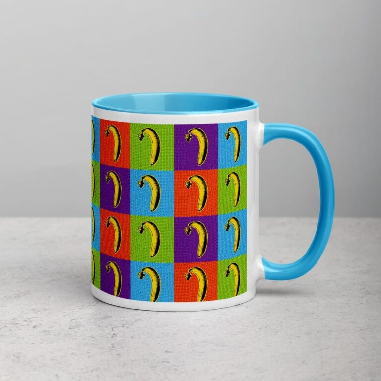 Colorful mug featuring a repeated banana pattern against vibrant squares of purple, blue, green, and orange.