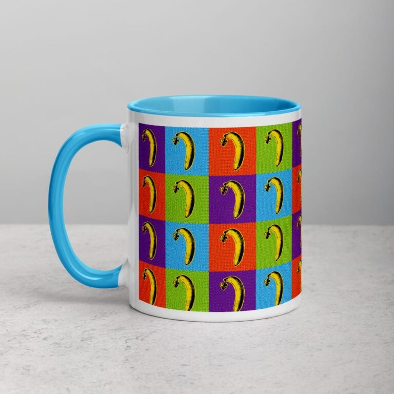 Colorful mug featuring a pop art design of bananas in a grid pattern against vibrant backgrounds.