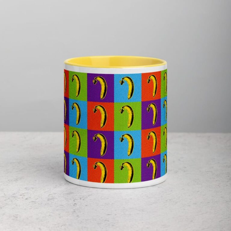 Colorful mug featuring a repeating banana pattern on a vibrant background of squares in various colors.