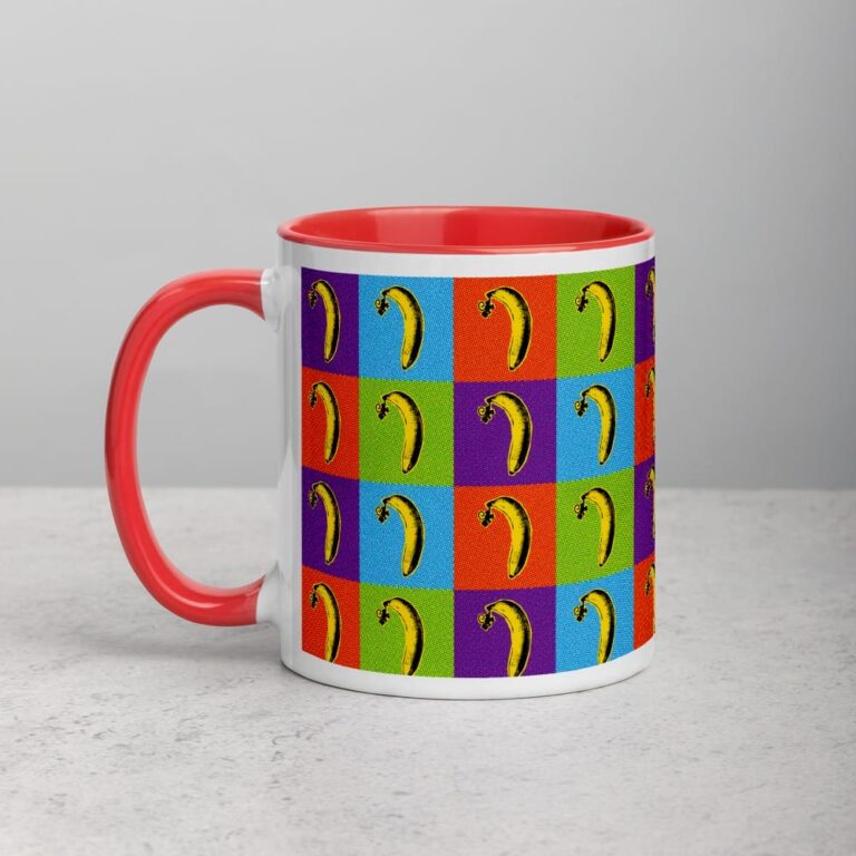 Colorful mug featuring a grid of bananas on vibrant backgrounds of blue, green, orange, and purple.