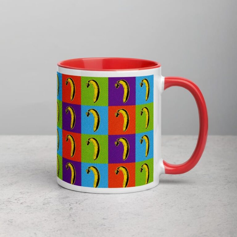 Colorful mug featuring a repeated banana pattern on a vibrant, checkered background of blue, green, purple, and orange.