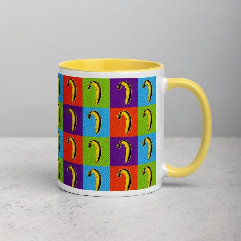 Colorful mug featuring a repeating banana pattern against vibrant squares of purple, blue, orange, and green.