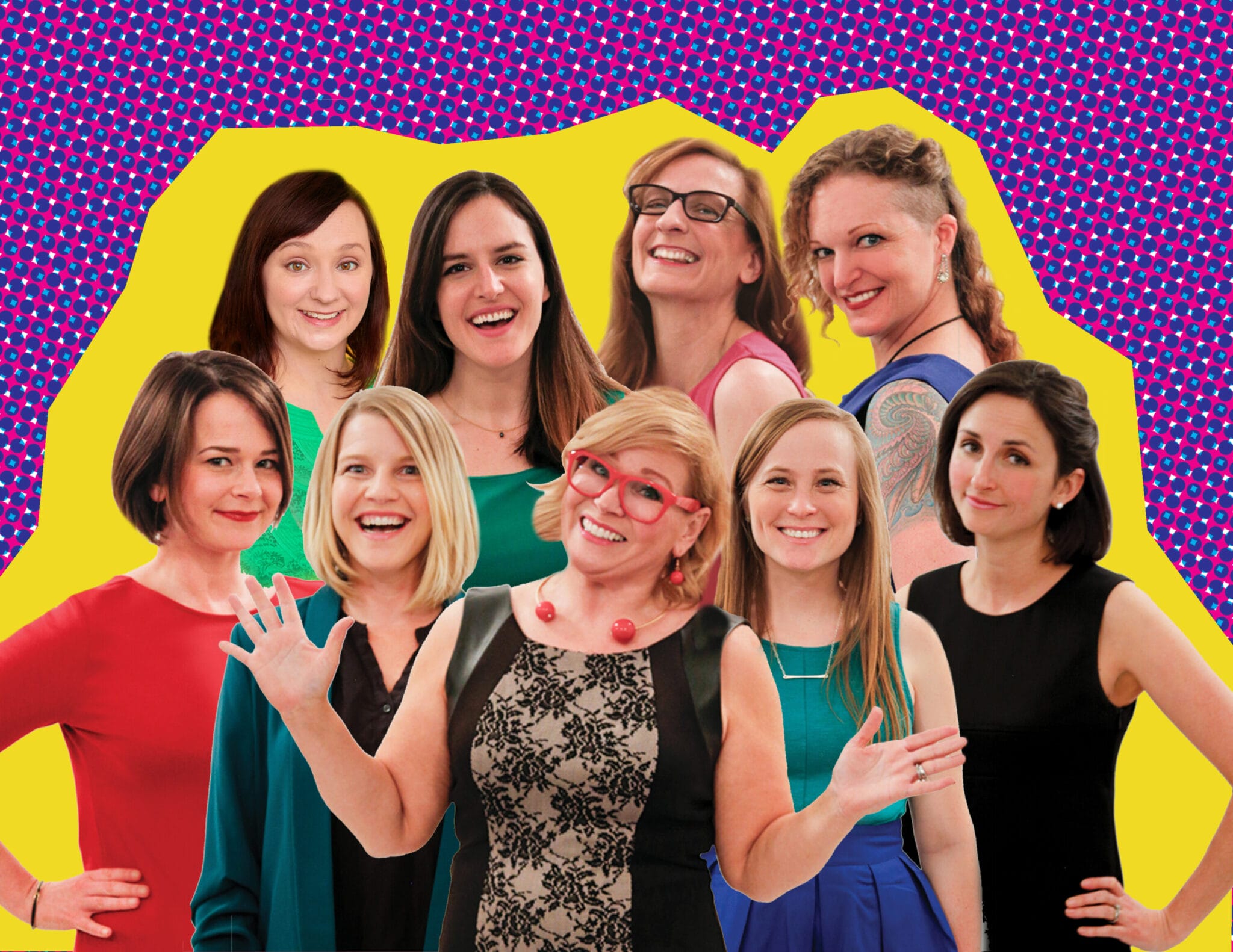 A diverse group of smiling women in colorful outfits poses against a vibrant yellow and pink background.