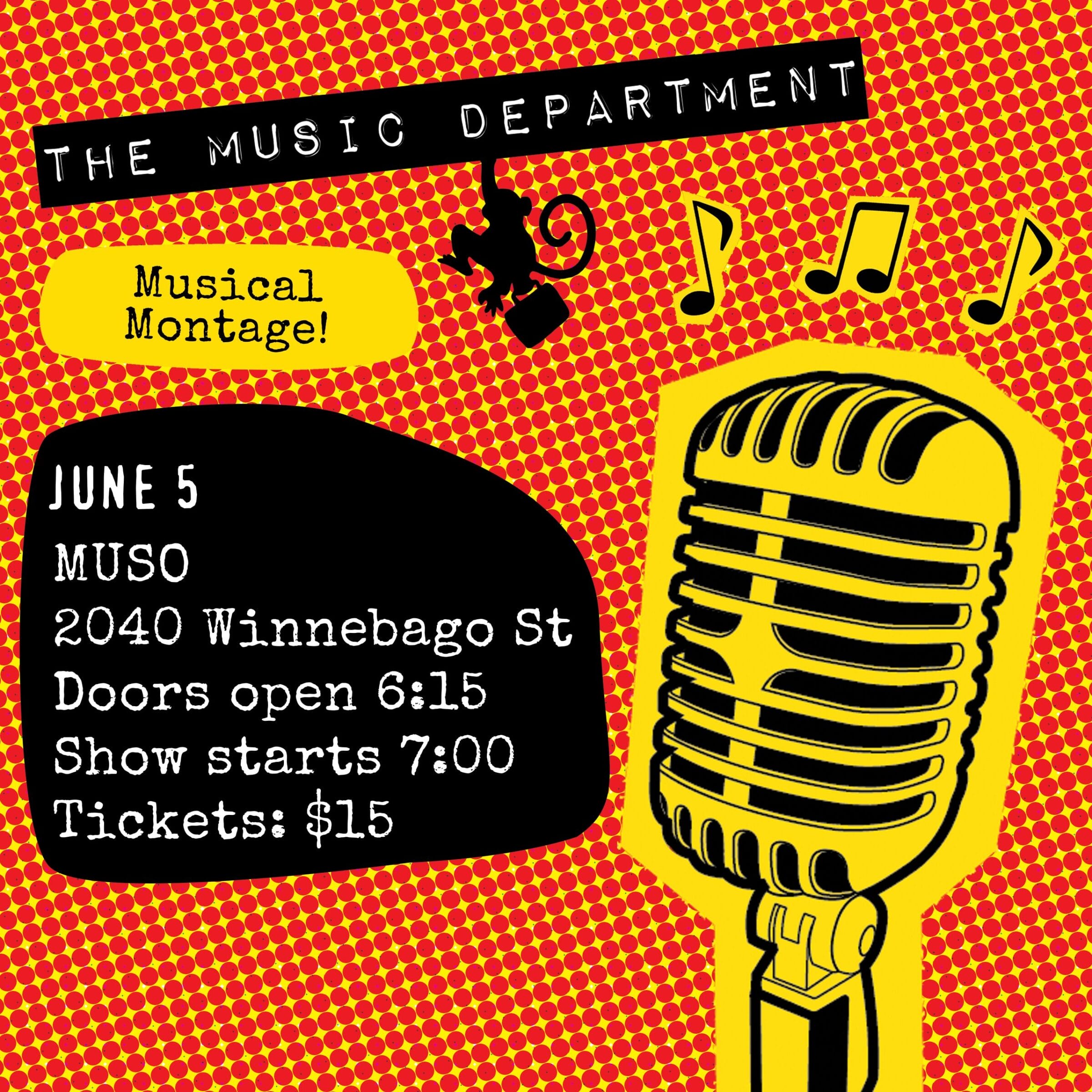 Colorful event poster featuring a vintage microphone, monkey graphic, and details for a musical montage on June 5.