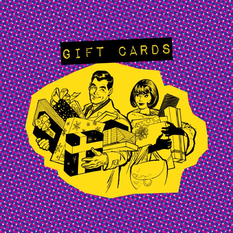 Graphic featuring an illustrated couple holding presents with gift cards written above them