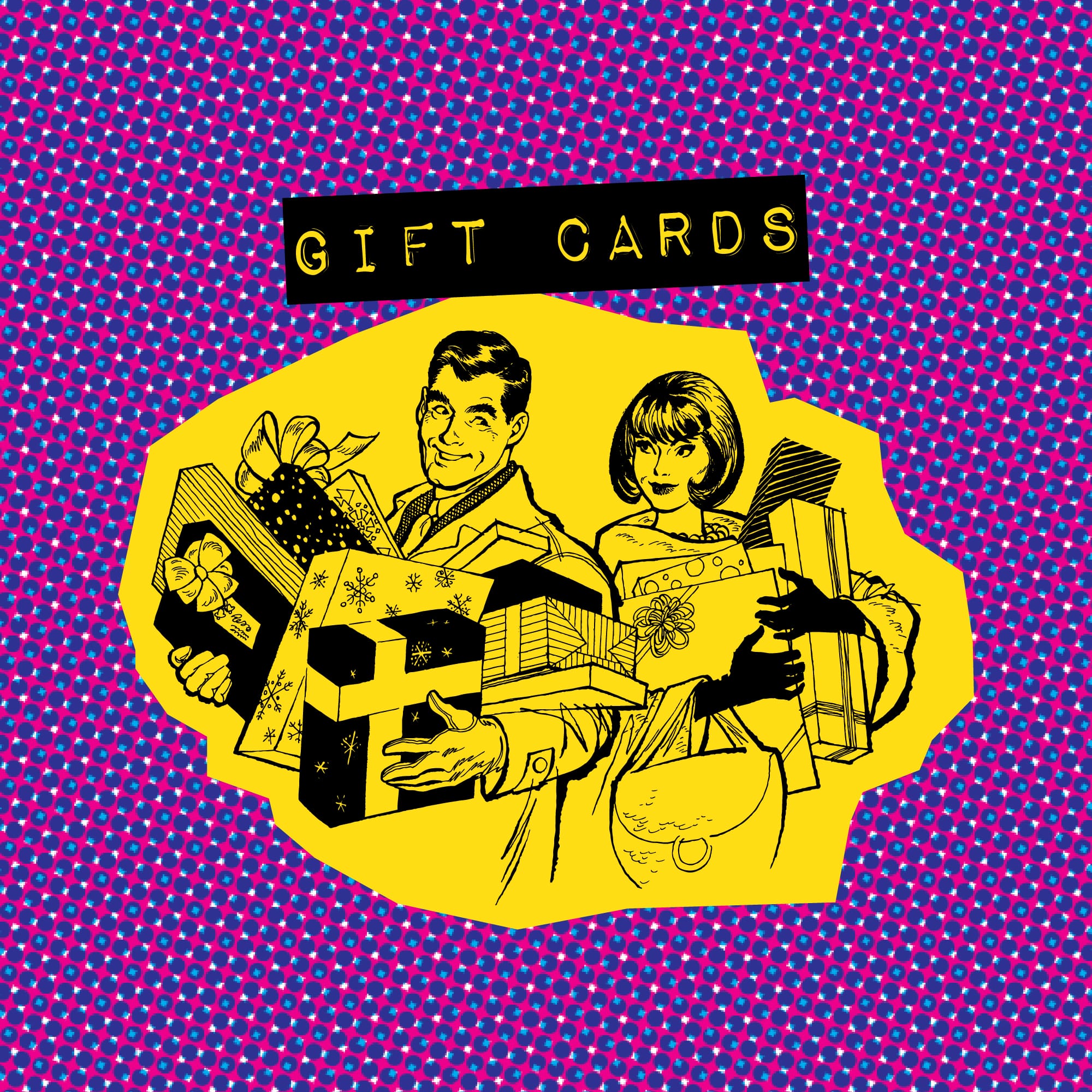 Graphic featuring an illustrated couple holding presents with gift cards written above them