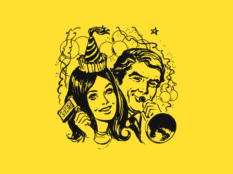 A vintage illustration of a woman and a man using party favors with confetti streaming in the background